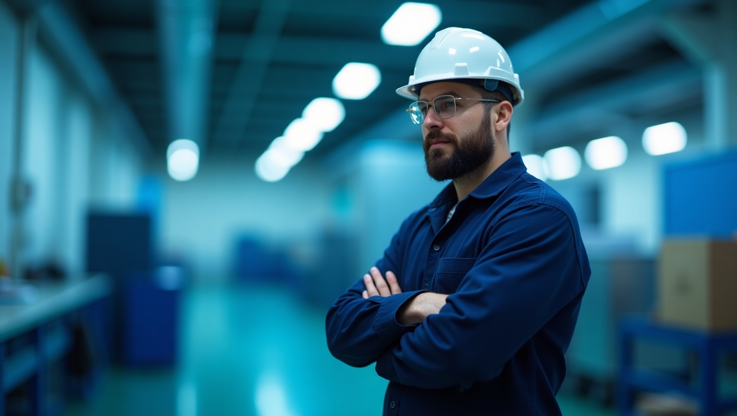 Flux_Dev_A_male_factory_worker_in_navy_blue_and_white_protecti_3